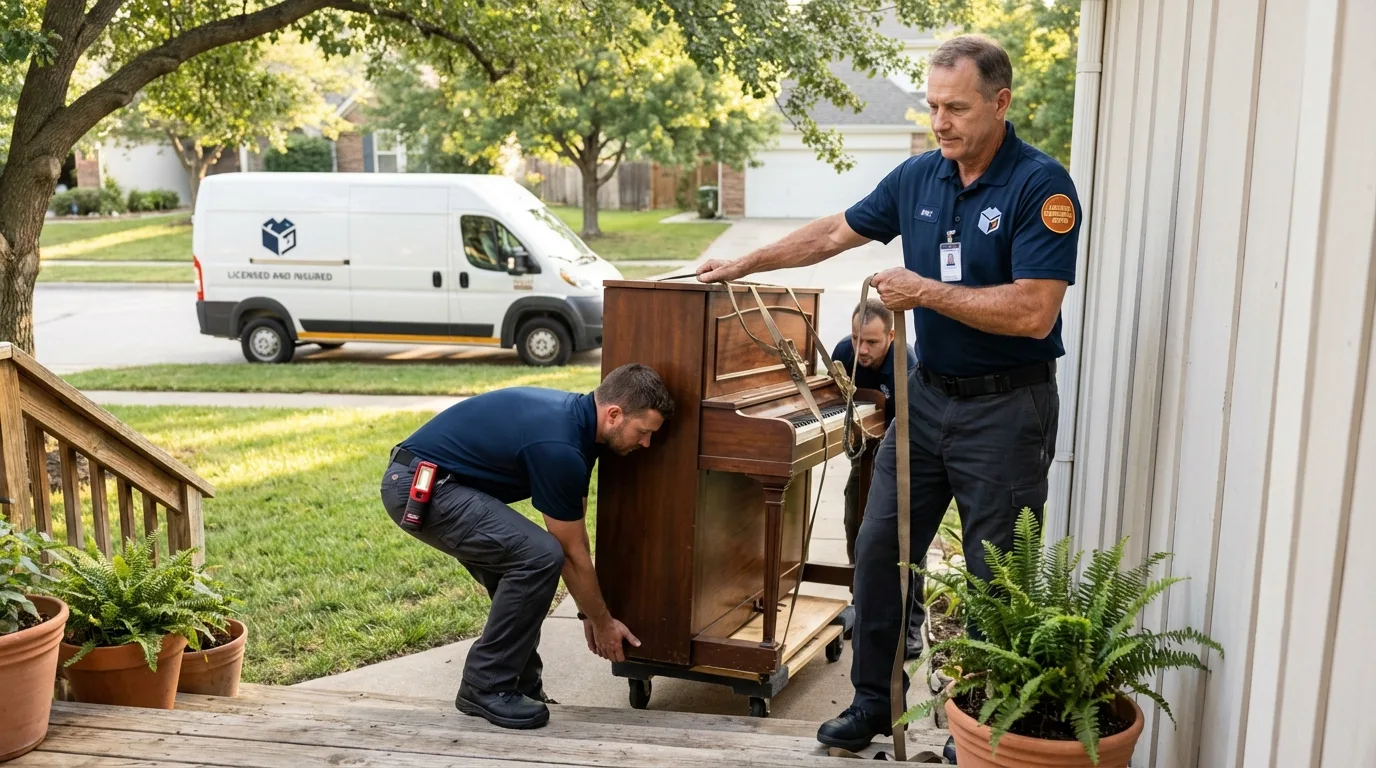 Licensed piano movers securing grand piano in Clintonville, WI