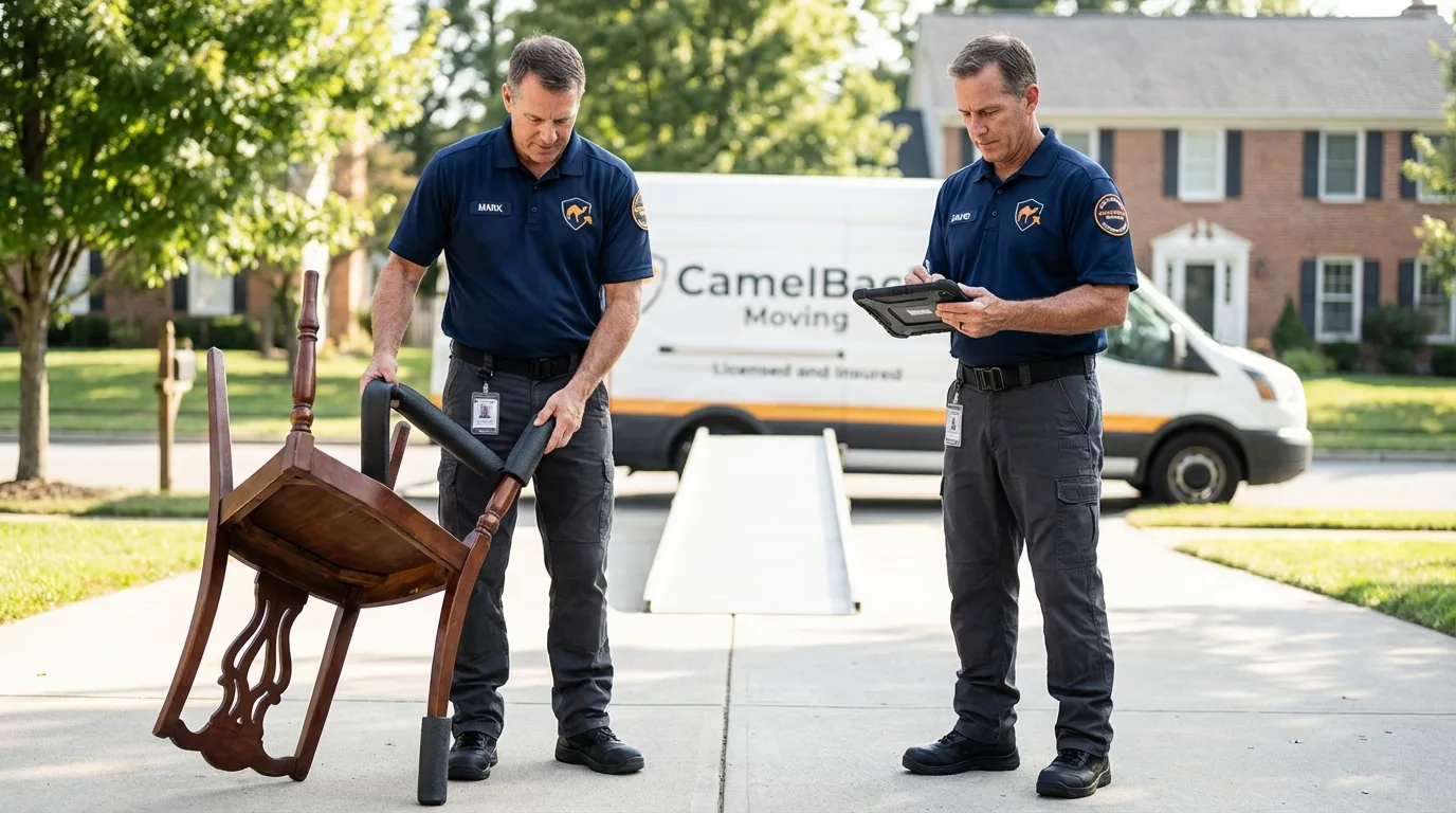Movers inspecting furniture for damage prevention before loading in Clintonville, WI