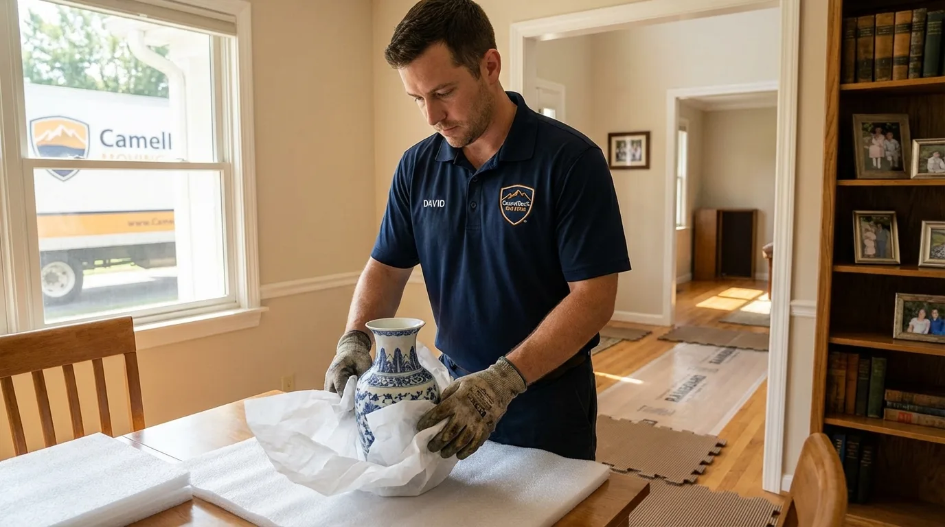 Professional crew carefully wrapping antique vase for senior downsizing move in Clintonville, WI